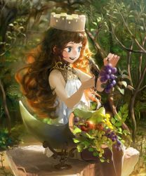 Rule 34 | 1girl, :d, apple, attall, bare shoulders, bird, bird on hand, blouse, blue eyes, brown hair, choker, cornucopia, crown, dress, food, forest, fruit, grapes, highres, jewelry, long hair, nanbo ataru (attall), nature, open mouth, outdoors, pear, rock, shingoku no valhalla gate, shirt, shorts, sitting, sleeveless, smile, solo, sunlight, tree, wavy hair, white shirt