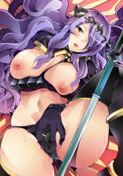 Rule 34 | 1girl, :o, armor, black panties, blush, breasts, camilla (fire emblem), female focus, fire emblem, fire emblem fates, gauntlets, hair over one eye, hairband, large breasts, lips, long hair, looking at viewer, nintendo, nipples, panties, purple hair, pussy juice, red eyes, solo, spread pussy under clothes, sweat, uchiuchi keyaki, underwear