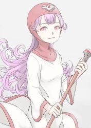 Rule 34 | 1girl, breasts, commentary request, curly hair, dragon quest, dragon quest ii, dress, hood, hood up, long hair, long sleeves, looking at viewer, princess, princess of moonbrook, purple hair, red eyes, robe, simple background, smile, solo, staff, taruya, weapon, white robe