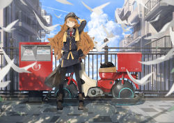 Rule 34 | 1girl, adjusting clothes, adjusting headwear, bag, belt, bird, black cat, black pantyhose, blush, boots, bridge, brown eyes, brown hair, building, cat, cloud, commentary, contrail, dappled sunlight, feather hair, gloves, grin, hand up, hat, highres, long hair, mailman, motor vehicle, motorcycle, necktie, original, pantyhose, peaked cap, postbox (outgoing mail), pouch, railing, scenery, science fiction, shadow, skirt, sky, smile, solo, somehira katsu, sunlight, white bird