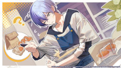 Rule 34 | 1boy, ?, aoyagi touya, apron, bag, baking, blue eyes, blue hair, book, bowl, closed mouth, commentary request, dark blue hair, egg (food), food, hair between eyes, highres, holding, holding bowl, holding whisk, hood, hood down, indoors, layered sleeves, leaf, long sleeves, lowro (en), male focus, mole, mole under eye, muffin, multicolored hair, never give up cooking! (project sekai), official art, one eye closed, open book, paper bag, project sekai, second-party source, short hair, short over long sleeves, short sleeves, solo, split-color hair, two-tone hair, upper body, whisk