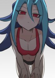 Rule 34 | 1girl, absurdres, bikini, blue hair, blush, breasts, cleavage, expressionless, hands on own knees, highres, kamishiro rio, long hair, looking at viewer, medium breasts, multicolored hair, navel, ponke, red eyes, simple background, solo, swimsuit, two-tone bikini, very long hair, yu-gi-oh!, yuu-gi-ou, yuu-gi-ou zexal