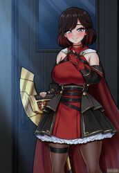 Rule 34 | 1girl, artist name, breasts, cape, commentary, door, dress, english commentary, feet out of frame, fingerless gloves, gloves, grey eyes, highres, indoors, large breasts, looking at viewer, pantyhose, rwby, smile, solo, summer rose, tabletknight, thigh strap, watermark