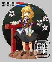 Rule 34 | 1girl, black skirt, blonde hair, blush stickers, breasts, brown shirt, commentary request, full body, green eyes, hair ribbon, medium breasts, mizuhashi parsee, nerizou, pixel art, ponytail, ribbon, shirt, skirt, solo, touhou, wooden floor