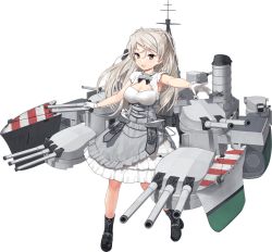 Rule 34 | 1girl, black footwear, blush, boots, breasts, brown eyes, cleavage, conte di cavour (kancolle), conte di cavour nuovo (kancolle), dress, full body, grey hair, high heel boots, high heels, jiji (aardvark), kantai collection, large breasts, long hair, long sleeves, machinery, official art, open mouth, rigging, smile, solo, transparent background, turret, white dress