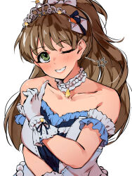 Rule 34 | 1girl, arm garter, bare shoulders, blush, bow, bracelet, breasts, brown hair, collarbone, dress, frilled dress, frills, glint, gloves, green eyes, grin, hair bow, hair ribbon, hand up, highres, idolmaster, idolmaster cinderella girls, idolmaster cinderella girls starlight stage, index finger raised, jewelry, karan, large breasts, long hair, looking at viewer, makihara shiho, one eye closed, pearl bracelet, pearl choker, pink ribbon, ponytail, ribbon, simple background, smile, solo, star (symbol), starry sky bright (idolmaster), strapless, strapless dress, tiara, upper body, white background, white dress, white gloves