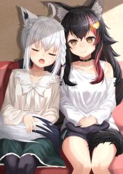 Rule 34 | 2girls, ahoge, animal ear fluff, animal ears, black choker, black hair, black shorts, braid, choker, closed eyes, collarbone, commentary request, couch, drooling, fox ears, fox girl, fox tail, green skirt, hair between eyes, hair ornament, hairclip, highres, holding tail, hololive, long hair, looking at viewer, multicolored hair, multiple girls, ookami mio, ookami mio (casual), open mouth, pantyhose, pentagram, red hair, saliva, shadow, shirakami fubuki, shirakami fubuki (street), shirt, shorts, sidelocks, single braid, sitting, skirt, starkamisan, tail, two-tone hair, virtual youtuber, white hair, white shirt, wolf ears, wolf girl, wolf tail, yellow eyes