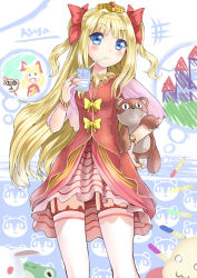 Rule 34 | 1girl, aldehyde, blonde hair, blush, bow, castle, crayon, dress, drinking straw, garter straps, hair bow, long hair, original, solo, stuffed toy, thighhighs, tiara, two side up