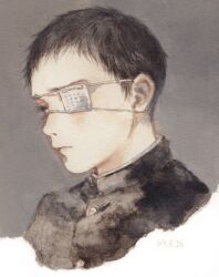 Rule 34 | 1boy, black hair, burnt, closed mouth, dated, eyelashes, eyepatch, from side, gakuran, grey background, highres, looking ahead, male focus, mame (mmgamegg), medical eyepatch, one eye covered, original, photo (object), portrait, school uniform, short hair, solo