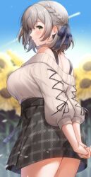 Rule 34 | 1girl, arms behind back, bare shoulders, blue sky, blurry, blurry background, blush, braid, breasts, flower, french braid, from behind, green eyes, grey hair, hair ribbon, highres, hololive, large breasts, looking to the side, medium hair, off-shoulder sweater, off shoulder, official alternate hairstyle, outdoors, plaid, plaid skirt, ribbed sweater, ribbon, shirogane noel, shirogane noel (casual), skirt, sky, smile, solo, sunflower, sweater, sweater tucked in, tarou (komekueyo), thighs, virtual youtuber, white sweater