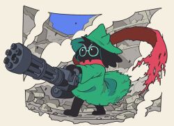 Rule 34 | 1boy, animal ears, building, commentary request, deltarune, fangs, fangs out, floating scarf, furry, furry male, gatling gun, glasses, goat ears, green hat, green robe, gun, hat, holding, holding gun, holding weapon, horns, houten (dre a mer), indoors, minigun, pink scarf, ralsei, robe, rock, round eyewear, rubble, ruins, scarf, smoke, solo, standing, torn clothes, torn robe, torn scarf, v-shaped eyebrows, weapon