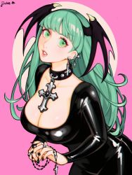 Rule 34 | 1girl, alternate costume, artist name, black nails, breasts, capcom, choker, cleavage, commentary, cross, demon girl, ear piercing, english commentary, goth fashion, green eyes, green hair, hair wings, head wings, highres, jivke, large breasts, leaning forward, long hair, looking at viewer, morrigan aensland, nail polish, parted lips, piercing, rosary, skin tight, solo, vampire (game), wings