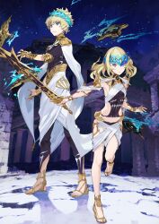 Rule 34 | 1boy, 1girl, armor, artist request, blonde hair, blue eyes, bracelet, cape, castor (fate), crown, diadem, fate (series), feet, flat chest, full body, gold, halo, highres, jewelry, night, night sky, one leg raised, pollux (fate), rock, sandals, serious, shield, sky, smile, source request, sword, tiara, weapon