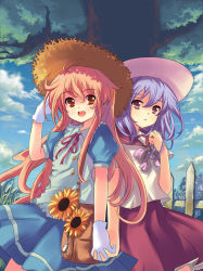 Rule 34 | 2girls, bad id, bad pixiv id, bag, blonde hair, bow, character request, cloud, copyright request, day, fence, flower, gloves, handbag, hat, holding hands, multiple girls, outdoors, peach88, purple hair, red eyes, ribbon, skirt, sky, sunflower, tree