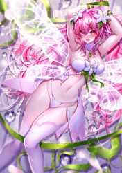 Rule 34 | 1girl, absurdres, alternate hair color, arms up, blush, bra, breasts, butterfly wings, choker, cleavage, elesis (elsword), elsword, embarrassed, fairy, flower, green ribbon, hair between eyes, hair flower, hair ornament, highres, insect wings, large breasts, long hair, looking at viewer, open mouth, panties, pink eyes, pink hair, restrained, ribbon, rourou (been), shiny skin, showgirl skirt, solo, sparkle, strapless, strapless bra, sweatdrop, thighhighs, transparent wings, twintails, underwear, underwear only, very long hair, white bra, white flower, white panties, white thighhighs, white wings, wings