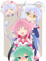 Rule 34 | 10s, 3girls, animal ears, blue eyes, blush, cat ears, cat tail, dog days, dog ears, dog girl, dog tail, eclair martinozzi, closed eyes, goribote, green hair, headpat, leonmitchelli galette des rois, millhiore f. biscotti, multiple girls, pink hair, tail, white hair, yellow eyes