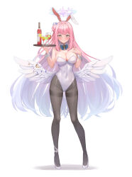 Rule 34 | 1girl, absurdres, andamiro, angel wings, animal ears, black pantyhose, blue archive, blush, breasts, cleavage, closed mouth, detached collar, fake animal ears, full body, hair bun, high heels, highres, holding, holding tray, large breasts, leotard, long hair, looking at viewer, mika (blue archive), pantyhose, pink hair, rabbit ears, single side bun, smile, solo, strapless, strapless leotard, tray, white footwear, white leotard, white wings, wings, wrist cuffs, yellow eyes