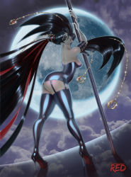 Rule 34 | 1girl, artist name, ass, bayonetta, bayonetta (series), black hair, blue eyes, breasts, elbow gloves, flannaganthered, from behind, garter straps, glasses, gloves, high heels, highres, huge ass, latex, lips, long hair, looking at viewer, looking back, medium breasts, moon, pole, solo, standing, very long hair