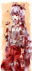 Rule 34 | 1girl, bad id, bad pixiv id, blood, blood on face, blood on clothes, bow, bruise, female focus, fujiwara no mokou, hair bow, hanako5200, injury, light purple hair, long hair, michi (hanako5200), michimaru (michi), open mouth, red eyes, solo, suspenders, tooth, torn clothes, touhou, very long hair