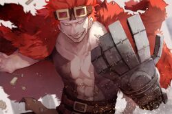 Rule 34 | 1boy, abs, akazu kieshi, clenched teeth, coat, collarbone, commentary request, eustass kid, facial scar, fur coat, goggles, goggles on head, male focus, mechanical arms, one piece, red eyes, red hair, scar, scar on cheek, scar on face, short hair, single mechanical arm, smile, solo, teeth