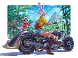 Rule 34 | 1girl, animal ears, arina nary, ass, backpack, bag, belt, black gloves, blue eyes, blue shorts, boots, border, brown footwear, closed mouth, commission, cutoffs, day, denim, denim shorts, final fantasy, final fantasy xiv, fingerless gloves, floating hair, from side, full body, gloves, height difference, high ponytail, light smile, lips, long hair, looking at viewer, motor vehicle, motorcycle, on motorcycle, outdoors, outside border, pocket, rabbit ears, riding, shirt, shorts, skeb commission, sleeves rolled up, tan, viera, warrior of light (ff14), white border, white hair, yellow shirt