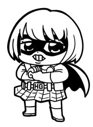 Rule 34 | 1girl, belt, belt pouch, bkub, boots, cape, clenched hand, clenched teeth, fist in hand, full body, gloves, greyscale, hit-girl, kick-ass, mask, monochrome, mouth mask, open mouth, pouch, short hair, simple background, skirt, solo, superhero costume, teeth, white background