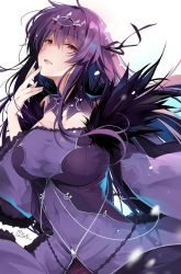 Rule 34 | 1girl, black ribbon, breasts, dress, fate/grand order, fate (series), feather trim, hair between eyes, hair ribbon, hand to own mouth, head tilt, headpiece, hirai yuzuki, large breasts, looking at viewer, parted lips, purple dress, purple hair, red eyes, ribbon, runes, scathach (fate), scathach skadi (fate), simple background, solo, taut clothes, tiara, white background