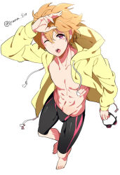 Rule 34 | 10s, 1boy, artist request, bad source, barefoot, black jammers, black male swimwear, blonde hair, unworn eyewear, free!, from above, full body, goggles, hazuki nagisa, holding, holding goggles, holding removed eyewear, jacket, jammers, looking at viewer, looking up, male focus, male swimwear, one eye closed, open mouth, red-tinted eyewear, simple background, solo, standing, swimsuit, tinted eyewear, topless male, white background, wink