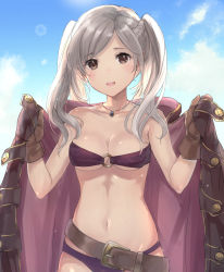 Rule 34 | 1girl, :d, bandeau, bikini, blush, braid, breasts, brown eyes, brown gloves, cleavage, collarbone, commentary request, fire emblem, fire emblem awakening, fire emblem heroes, gloves, haru (nakajou-28), holding, holding clothes, jewelry, long hair, medium breasts, navel, necklace, nintendo, o-ring, o-ring bikini, official alternate costume, open mouth, purple bikini, robe, robin (female) (fire emblem), robin (fire emblem), sky, smile, solo, stomach, strapless, strapless bikini, swimsuit, twintails, underboob, white hair