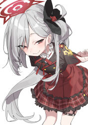 Rule 34 | 1girl, absurdres, bent over, black flower, blue archive, closed mouth, commentary request, flower, grey hair, hair flower, hair ornament, halo, haruyuki (gffewuoutgblubh), highres, long hair, looking at viewer, mutsuki (blue archive), plaid, plaid skirt, red eyes, red halo, red ribbon, red skirt, ribbon, side ponytail, simple background, skirt, slit pupils, smile, solo, standing, very long hair, white background