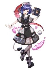 Rule 34 | 1girl, absurdres, adapted costume, animal ears, arknights, black dress, black gloves, blue eyes, blue hair, book, crossover, doremy sweet, dream soul, dress, fang, full body, gloves, hat, highres, holding, holding book, key, looking at viewer, nightcap, open mouth, pom pom (clothes), red hat, short sleeves, single glove, smile, solo, tail, tapir ears, tapir tail, touhou, transparent background, wb yimo, white dress, white footwear, white gloves, wristband