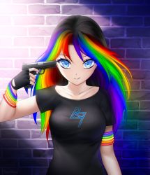 Rule 34 | 1girl, armlet, bad id, bad pixiv id, black gloves, black shirt, blue eyes, bracelet, brick wall, collarbone, commission, fingerless gloves, gigamessy, gloves, gun, hair between eyes, handgun, holding, holding gun, holding weapon, jewelry, looking at viewer, multicolored hair, nail polish, original, parted lips, print shirt, rainbow, shirt, short sleeves, smile, solo, standing, t-shirt, upper body, weapon