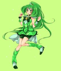 Rule 34 | 10s, 1girl, bike shorts, bike shorts under skirt, boots, bow, bowtie, cure march, dress, full body, green background, green bow, green bowtie, green dress, green eyes, green footwear, green hair, green shorts, green skirt, green theme, long hair, matching hair/eyes, midorikawa nao, ponytail, precure, shorts, shorts under skirt, skirt, smile precure!, solo, standing, standing on one leg, tri tails, tukikage1121, wrist cuffs