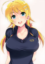 Rule 34 | 1girl, ahoge, arms behind back, blonde hair, blue eyes, breasts, collarbone, commentary request, graphite (medium), hachimiya meguru, hair ornament, hairclip, head tilt, idolmaster, idolmaster shiny colors, large breasts, long hair, looking at viewer, mechanical pencil, open mouth, pencil, round teeth, shiroyukimajima, shirt, short hair, simple background, smile, solo, standing, teeth, traditional media, upper body