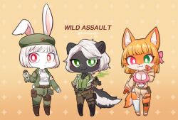 Rule 34 | 3girls, akai hime (wild assault), ammunition pouch, animal ears, armband, breasts, chibi, cleavage, cross, fox ears, fox girl, fox tail, furry, furry female, gloves, green eyes, heterochromia, holding, hongying (wild assault), jacket, long sleeves, looking at viewer, marquez (wild assault), medic, medium hair, multiple girls, orange background, pink eyes, pouch, rabbit girl, red cross, red eyes, shirt, shorts, single thighhigh, skunk ears, skunk girl, skunk tail, tail, thigh strap, thighhighs, white armband, wild assault, ychicken21