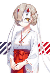 Rule 34 | 1girl, alternate costume, azur lane, blonde hair, bow, braid, cat mask, closed mouth, cowboy shot, expressionless, hair bow, hair over one eye, hakama, hakama skirt, highres, japanese clothes, kimono, kiyosato 0928, long sleeves, looking at viewer, mask, miko, own hands together, red bow, red hakama, ribbon-trimmed sleeves, ribbon trim, sheffield (azur lane), skirt, solo, striped, striped background, white background, white bow, white kimono, yellow eyes