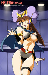 Rule 34 | 1girl, armband, breasts, brown hair, cape, cosplay, covered erect nipples, hat, jilpoong17, mazinger (series), mazinger z, mecha, one eye closed, panties, robot, solo, thigh strap, underboob, underwear, yumi sayaka