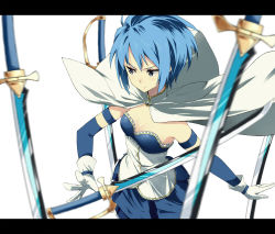 10s 1girl armband blue_eyes blue_hair cape female_focus gloves letterboxed magical_girl mahou_shoujo_madoka_magica mahou_shoujo_madoka_magica_(anime) matching_hair/eyes miki_sayaka miki_sayaka_(magical_girl) motion_blur n_i_n_o short_hair solo sword weapon white_background