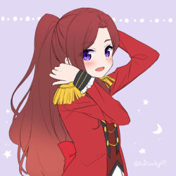Rule 34 | 1girl, :d, aikatsu! (series), aikatsu stars!, back bow, bad id, bad pixiv id, blush, bow, brown hair, brown vest, crescent, epaulettes, hoshino kagari, jacket, kasumi yozora, long hair, long sleeves, open clothes, open jacket, open mouth, parted bangs, ponytail, purple background, purple eyes, red bow, red jacket, s4 uniform, skirt, smile, solo, star (symbol), twitter username, upper body, very long hair, vest, white skirt