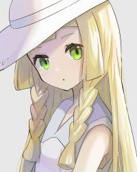 Rule 34 | 1girl, absurdres, blonde hair, braid, collared dress, creatures (company), dress, eyelashes, from side, game freak, green eyes, grey background, hat, highres, lillie (pokemon), long hair, looking at viewer, looking to the side, nintendo, parted lips, peppedayo ne, pokemon, pokemon sm, sleeveless, sleeveless dress, solo, twin braids, upper body, white dress, white hat