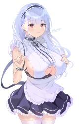 Rule 34 | 1girl, anchor choker, apron, artist name, azur lane, breasts, center frills, clothing cutout, cowboy shot, dido (azur lane), earrings, frilled apron, frills, hairband, hand on own chest, heart, heart earrings, highres, huge breasts, jewelry, kisahipi, lace-trimmed hairband, lace trim, looking at viewer, purple skirt, red eyes, skirt, sleeveless, solo, underboob, underboob cutout, waist apron, white apron