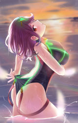 Rule 34 | 1girl, absurdres, adjusting clothes, adjusting swimsuit, akirondo, ass, black one-piece swimsuit, breasts, chest jewel, competition swimsuit, gem, headpiece, highleg, highres, large breasts, looking at viewer, looking back, ocean, one-piece swimsuit, partially submerged, pyra (pro swimmer) (xenoblade), pyra (xenoblade), red eyes, red hair, red one-piece swimsuit, ribbed swimsuit, short hair, smile, solo, striped clothes, striped one-piece swimsuit, swept bangs, swimsuit, tiara, twilight, two-tone swimsuit, vertical-striped clothes, vertical-striped one-piece swimsuit, wedgie, xenoblade chronicles (series), xenoblade chronicles 2