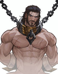 Rule 34 | 1boy, abs, amo (amo9612), bara, beard, biceps, black hair, blue eyes, chain, collar, facial hair, gauntlets, hand on back, large pectorals, league of legends, long hair, looking at viewer, male focus, manly, muscular, muscular male, navel, navel hair, nipples, nude, pectorals, scar, scar on arm, scar on chest, scar on stomach, solo, sylas (league of legends), thick arms, upper body