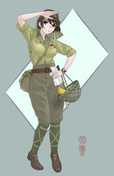 Rule 34 | 1girl, banana, bayonet, belt, boots, brown hair, food, fruit, graphite (medium), hat, helmet, highres, imperial japanese army, military, military hat, military uniform, original, sheath, sheathed, short hair, sino (mechanized gallery), sleeves rolled up, soldier, solo, star (symbol), traditional media, uniform, weapon, wn eyes, world war ii