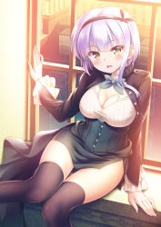 Rule 34 | 1girl, :d, black jacket, black thighhighs, bow, bowtie, breasts, cleavage, cropped jacket, hairband, highres, jacket, large breasts, long sleeves, looking at viewer, miniskirt, open clothes, open jacket, open mouth, original, shirt, short hair, sidelocks, sitting, skirt, smile, solo, sunlight, sunset, taut clothes, taut shirt, thighhighs, thighs, underbust, white hair, white shirt, window, yellow eyes, yuurei yashiki, zettai ryouiki