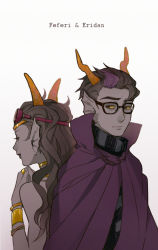 Rule 34 | 1boy, 1girl, back-to-back, black-framed eyewear, black hair, cape, cat811021, character name, choker, colored sclera, colored skin, eridan ampora, feferi peixes, fins, gills, goggles, gradient background, grey skin, homestuck, horns, jewelry, lipstick, long hair, lots of jewelry, makeup, multicolored hair, necklace, purple eyes, scarf, short hair, striped clothes, striped scarf, two-tone hair, yellow sclera