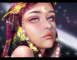 Rule 34 | 1girl, absurdres, artist name, constellation, highres, looking at viewer, multicolored eyes, multicolored hair, qizhu, sky, solo, star (sky), starry sky