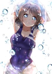 Rule 34 | 1girl, armpits, arms up, artist name, backlighting, blouse, blue eyes, blue one-piece swimsuit, blurry, blush, brown hair, clothes pull, collarbone, commentary request, competition swimsuit, covered navel, depth of field, head tilt, highres, looking at viewer, love live!, love live! sunshine!!, one-piece swimsuit, panda copt, parted bangs, school swimsuit, school uniform, serafuku, shirt, short hair, simple background, skirt, skirt pull, smile, solo, swept bangs, swimsuit, swimsuit under clothes, undressing, uranohoshi school uniform, watanabe you, water drop, white background, white shirt, wide hips