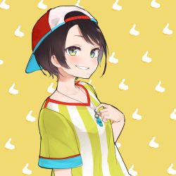 Rule 34 | 13o, 1girl, backwards hat, bad id, bad pixiv id, baseball cap, bird, black hair, blouse, blue eyes, blush, brown background, collarbone, duck, grin, hand up, hat, highres, hololive, looking at viewer, multicolored eyes, oozora subaru, oozora subaru (1st costume), shirt, short hair, short sleeves, smile, solo, striped clothes, striped shirt, swept bangs, upper body, vertical-striped clothes, vertical-striped shirt, virtual youtuber, whistle, whistle around neck, yellow background, yellow eyes, yellow shirt