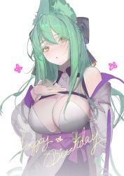 Rule 34 | 1girl, absurdres, animal ear fluff, animal ears, arm behind back, bare shoulders, black bow, bow, breasts, cleavage, green hair, grey background, hair between eyes, hair bow, hand on own chest, happy birthday, highres, kurikabacha, large bow, large breasts, light green hair, original, parted lips, simple background, sketch, solo, yellow eyes